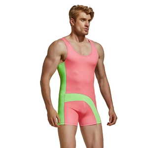 Men's color block nylon wrestling singlet in pink and neon green athletic bodysuit