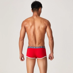 Rear view of modal low-rise boxer briefs with red fabric and white piping trim