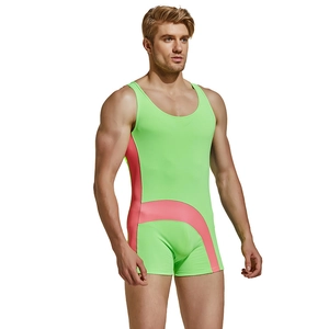 Men's slim fit nylon bodysuit in neon green and pink patchwork style swimwear