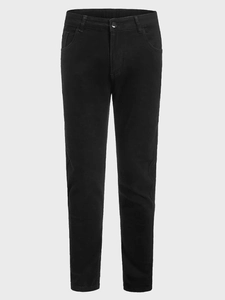 Detail of men's slim fit black trousers featuring elastic waist with button closure