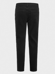 Rear view detail of black slim fit denim pants showing belt loops and back pockets