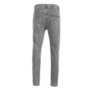 Close-up of the back pocket and stitching on these slim fit men's grey denim jeans