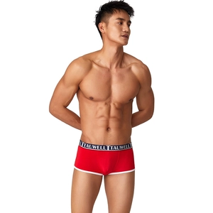 Red modal low waist boxer briefs with blue elastic waistband and white piping trim for men
