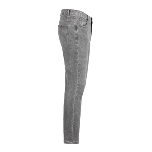 Side view of slim fit denim jeans for men in washed smoke gray with durable stitching