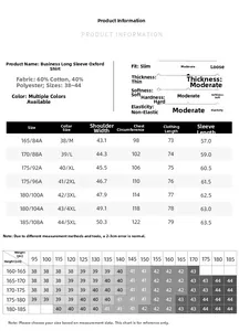 Detailed size chart for men's Oxford shirt with fabric composition and measurements