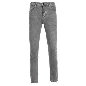 Detailed macro shot of washed grey slim fit denim jeans with metal button and belt loops