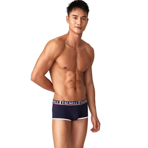 Men's modal low-waist boxer briefs in navy blue featuring a tricolor elastic waistband
