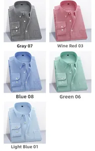 Detailed comparison of button-down Oxford shirts in grey, burgundy, green and blue