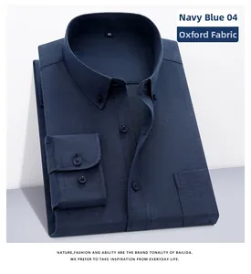 Detail view of navy blue oxford shirt featuring a button-down collar and chest pocket