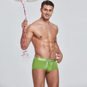 Detailed view of men's green low-rise boxer briefs with U-convex design and brand waistband