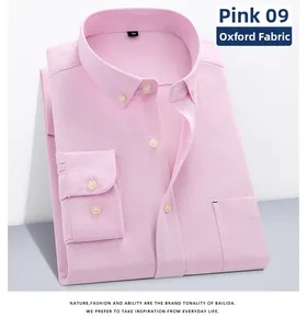 Detail view of pink Oxford fabric texture on button-down long sleeve casual shirt