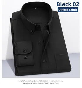 Detailed view of black Oxford fabric texture and button-down collar on men's shirt