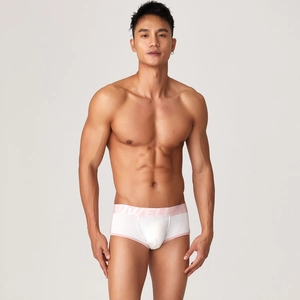 Detailed close-up of modal boxer briefs featuring pink elastic waistband and contrast trim