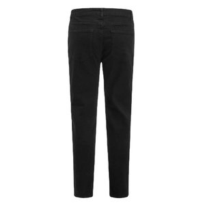 Rear view of men's slim fit black denim jeans in classic five-pocket style