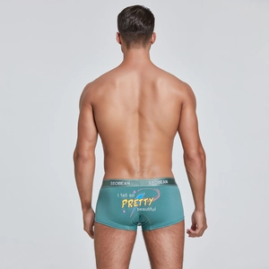 Detailed back view of men's blue boxer briefs with colorful star prints and elastic waistband