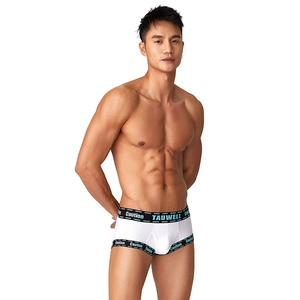 Men's athletic low-rise trunks in white with black trim and sporty striped fabric