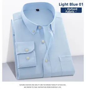 Detail view of light blue oxford fabric texture and button-down collar of men's shirt
