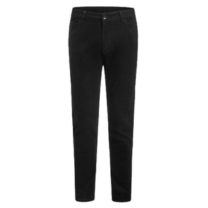 Men's slim fit black denim jeans with classic button closure and straight cut styling