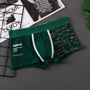 Detail view of men's dark green boxer briefs with graphic print on a lifestyle background