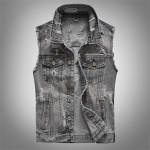 Gilet di Denim Distressed da Uomo Grigio Lavato Strappato Giacca Senza Maniche Streetwear Slim Fit Monopetto Gilet Casual per Uomo
