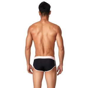 Men's modal low-rise boxer briefs in black with a pink elastic waistband and brand lettering