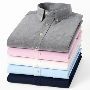 Men Oxford long sleeve shirts stacked in grey, pink, white, light blue and navy colors