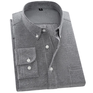 Classic grey men's long-sleeve oxford shirt featuring a button-down collar and chest pocket