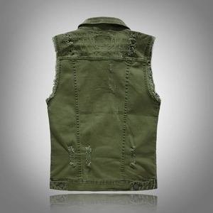 Army green slim fit denim vest for men featuring back distressed holes and embossed print