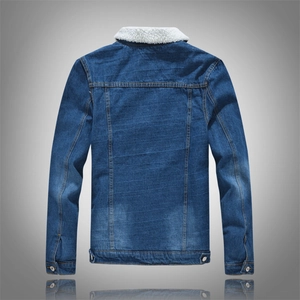 Men's winter denim jacket in blue with warm fleece lining and washed back detail