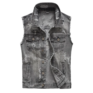 Men Retro Distressed Denim Vest Cotton Ripped Sleeveless Jacket Gray Vintage Streetwear Waistcoat For Men