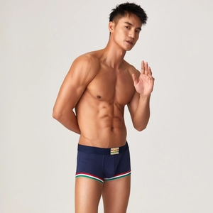 Dettaglio dei boxer blu navy con bordi a righe tricolori e ampia fascia elastica in vita