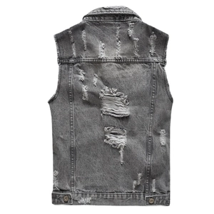 Men's retro grey denim vest featuring heavy distressed rips and vintage streetwear style