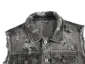 Retro grey distressed denim vest for men featuring heavy ripped details and frayed edges
