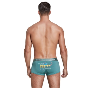 Men's teal boxer briefs with U-convex design and colorful creative print on the back