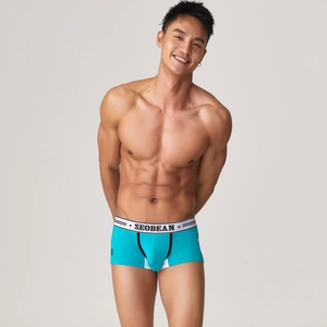 Detailansicht der blauen Herren-Boxershorts mit gestreiftem Gummibund und Marken-Schriftzug