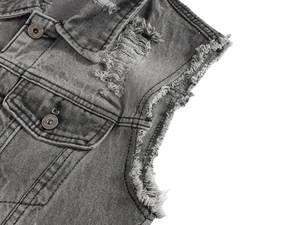 Vintage grey distressed denim vest for men featuring ripped details and bronze buttons