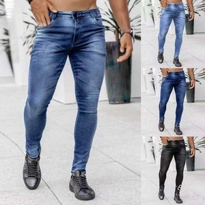 Slim fit men's skinny denim jeans in light blue, dark blue, and black color options