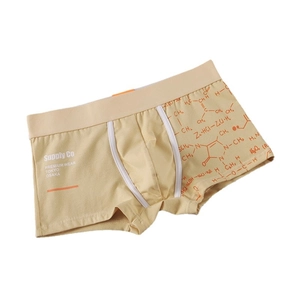 Men's khaki printed boxer briefs with wide elastic waistband and chemical formula pattern