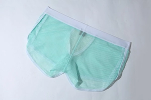 Detail der hellgrünen, atmungsaktiven Netzboxershorts mit weißem Gummibund für Herren