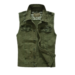 Men's Casual Army Green Denim Vest Ripped Distressed Cotton Sleeveless Jacket With Lapel Multi-Pockets Vintage Workwear Top For Men