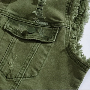 Men's olive green denim vest with distressed ripped details and raw edge armholes
