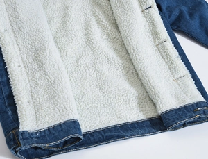 Men's winter blue denim jacket with warm white fleece lining and detailed stitching