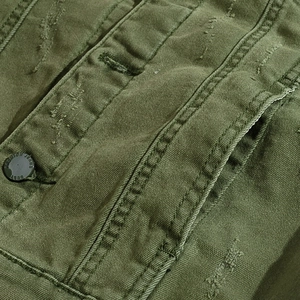 Men's army green denim vest jacket featuring vintage distressed details and metal buttons