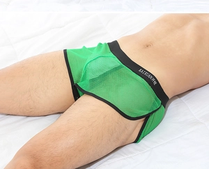 Detailansicht von grünem Netzgewebe und schwarzem Gummibund an Herren Boxershorts