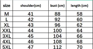 Size chart for men's denim vest showing shoulder, bust, and length for sizes M to 5XL