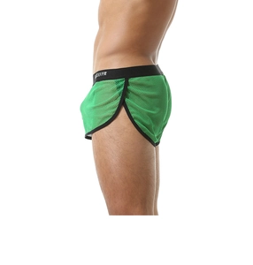 Detail der grünen Herren-Netzshorts mit Seitenschlitzen und elastischem Logo-Bund