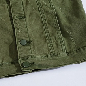 Army green denim vest for men featuring vintage washed cotton and metallic buttons
