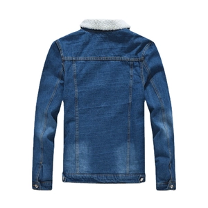 Rear view of men's blue denim jacket with warm sherpa collar and orange stitching details
