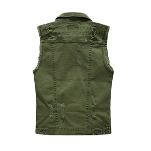 Back view of men's army green denim vest with distressed holes and frayed edges