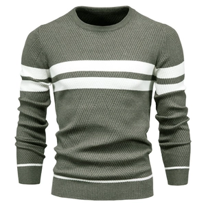 Men's olive green striped knit sweater with crew neck and ribbed cuffs in thick texture